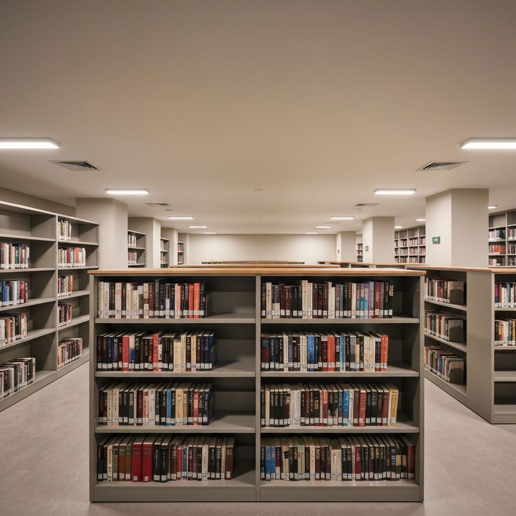 Modern clean institutional building interior with books and knowledge center aesthetic, warm professional lighting