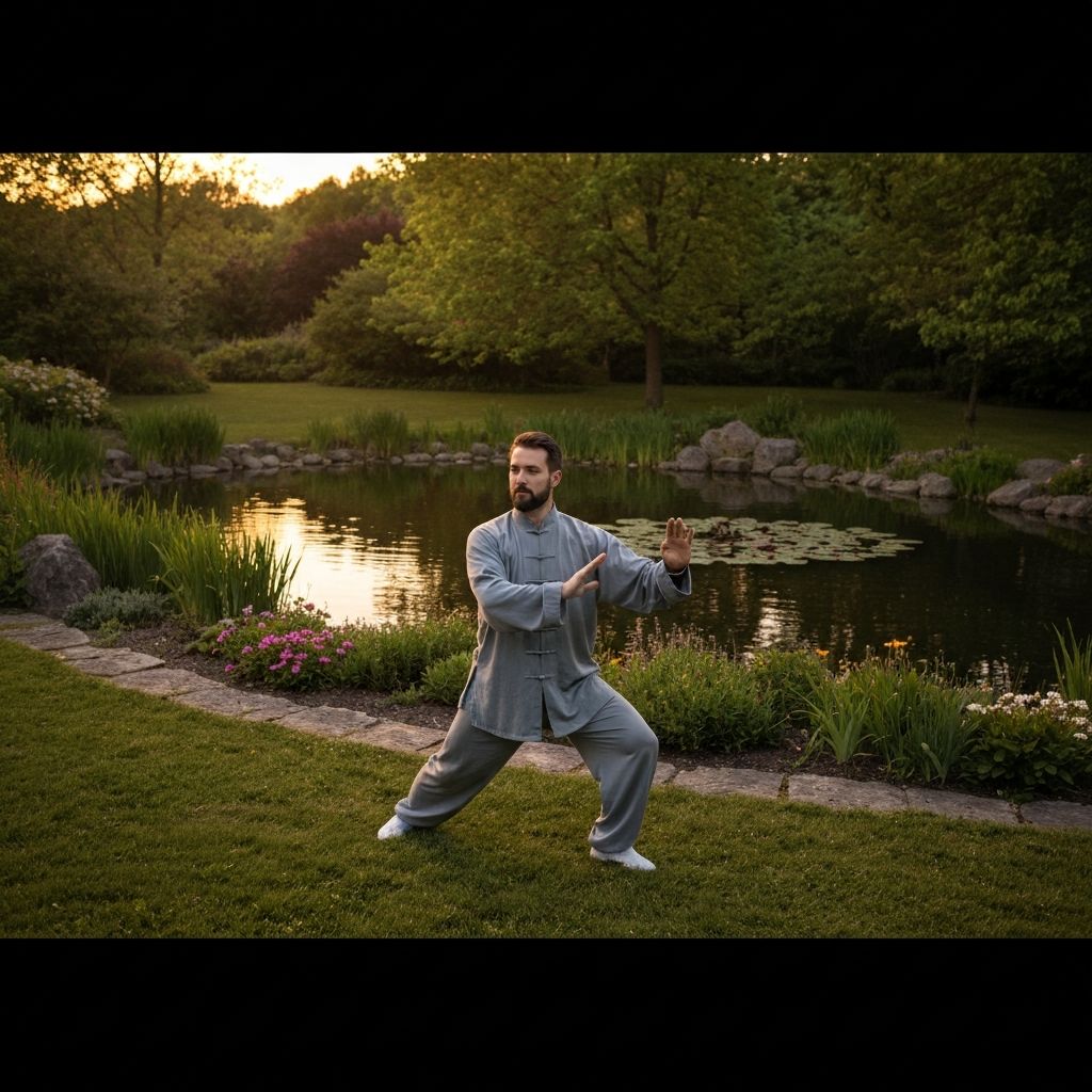 Man practicing tai chi in tranquil outdoor setting at dusk with flowing graceful movements and peaceful natural environment