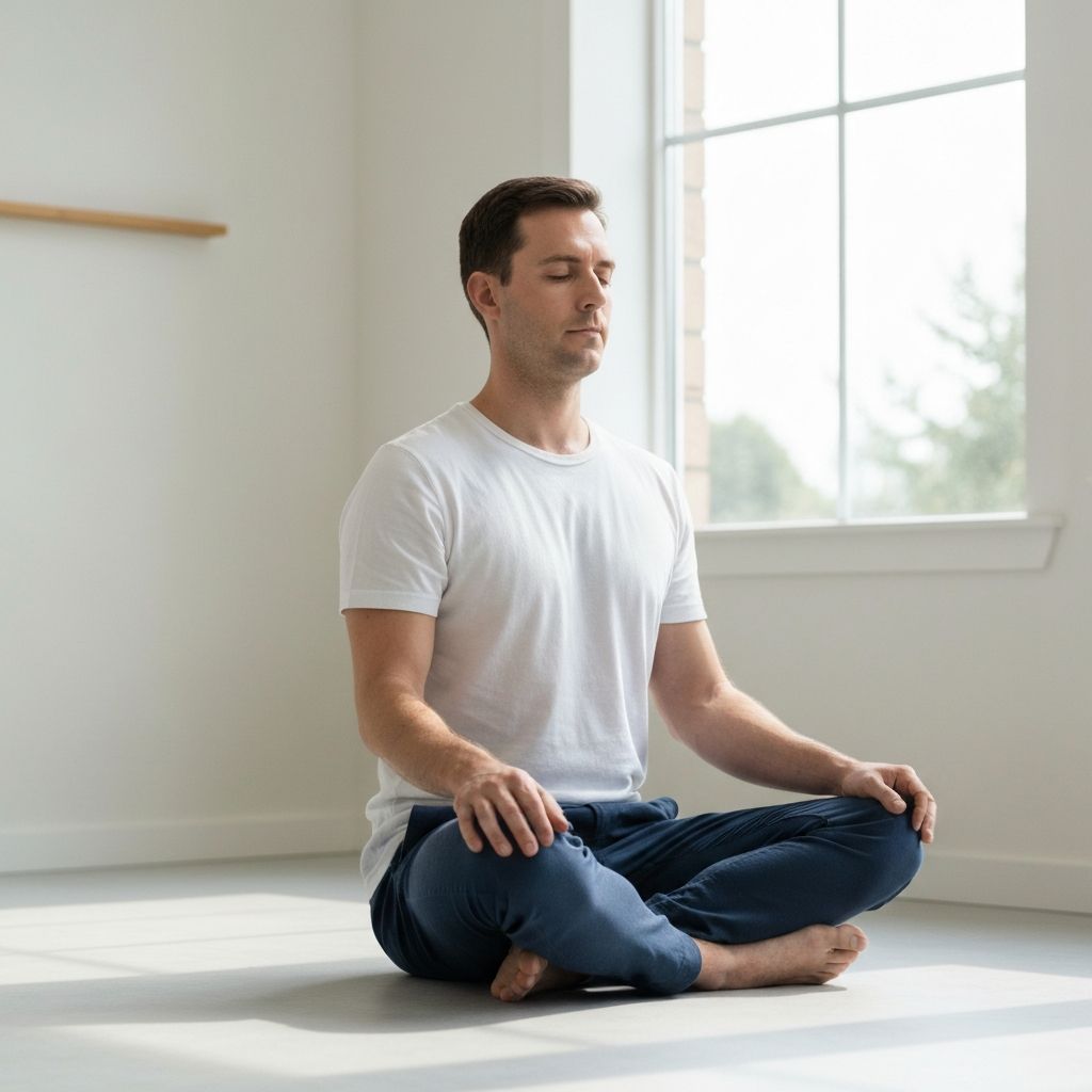 Man in meditation pose during mindful breathing practice in bright clean interior space with calm focused expression