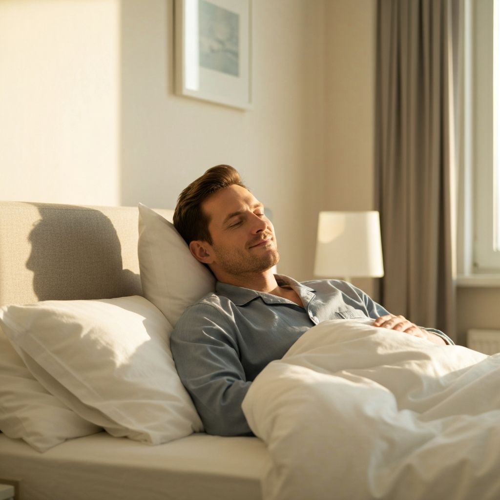 Man resting peacefully in bright clean bedroom with natural morning light, comfortable peaceful environment