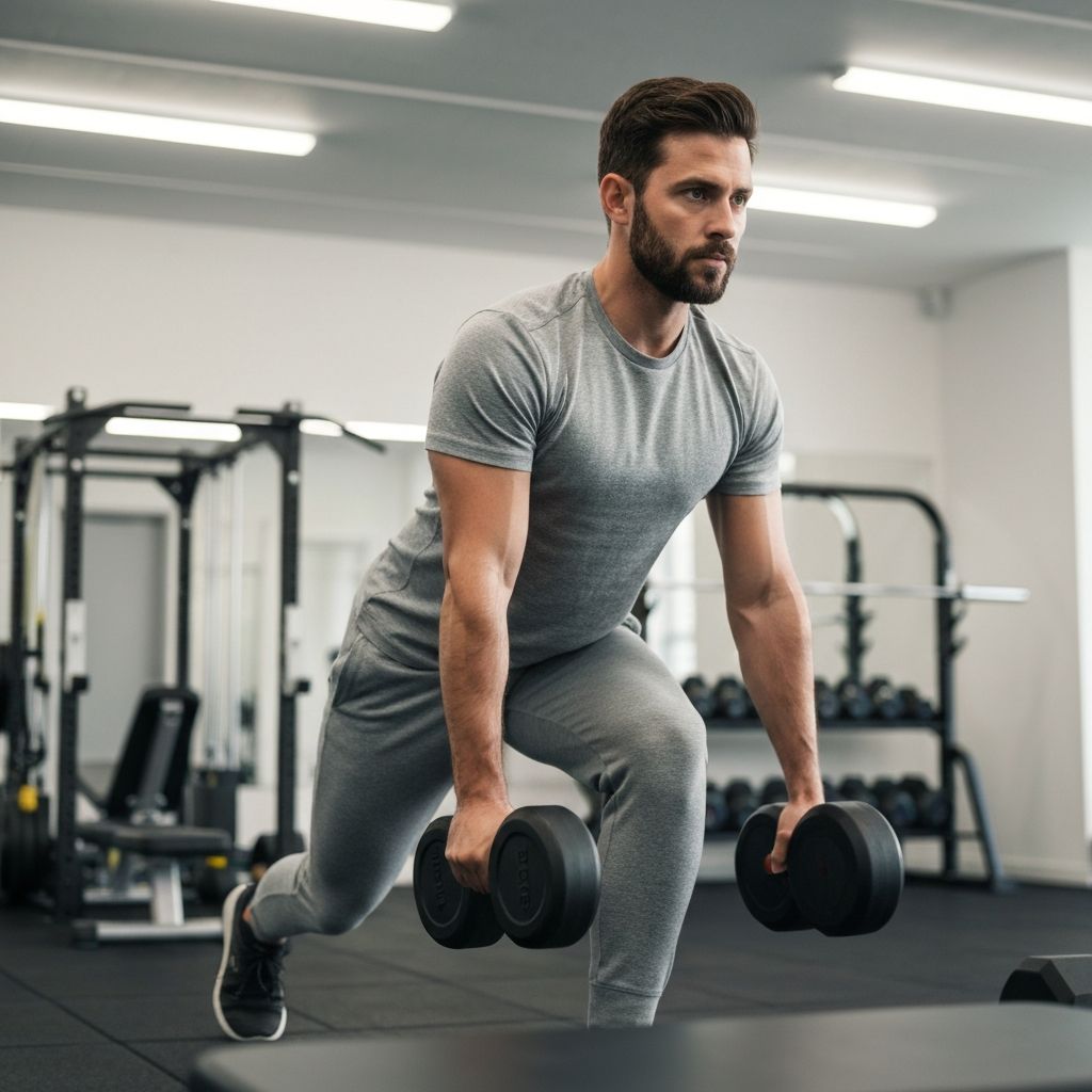 Man performing functional strength training with free weights in clean minimal gym environment with bright lighting