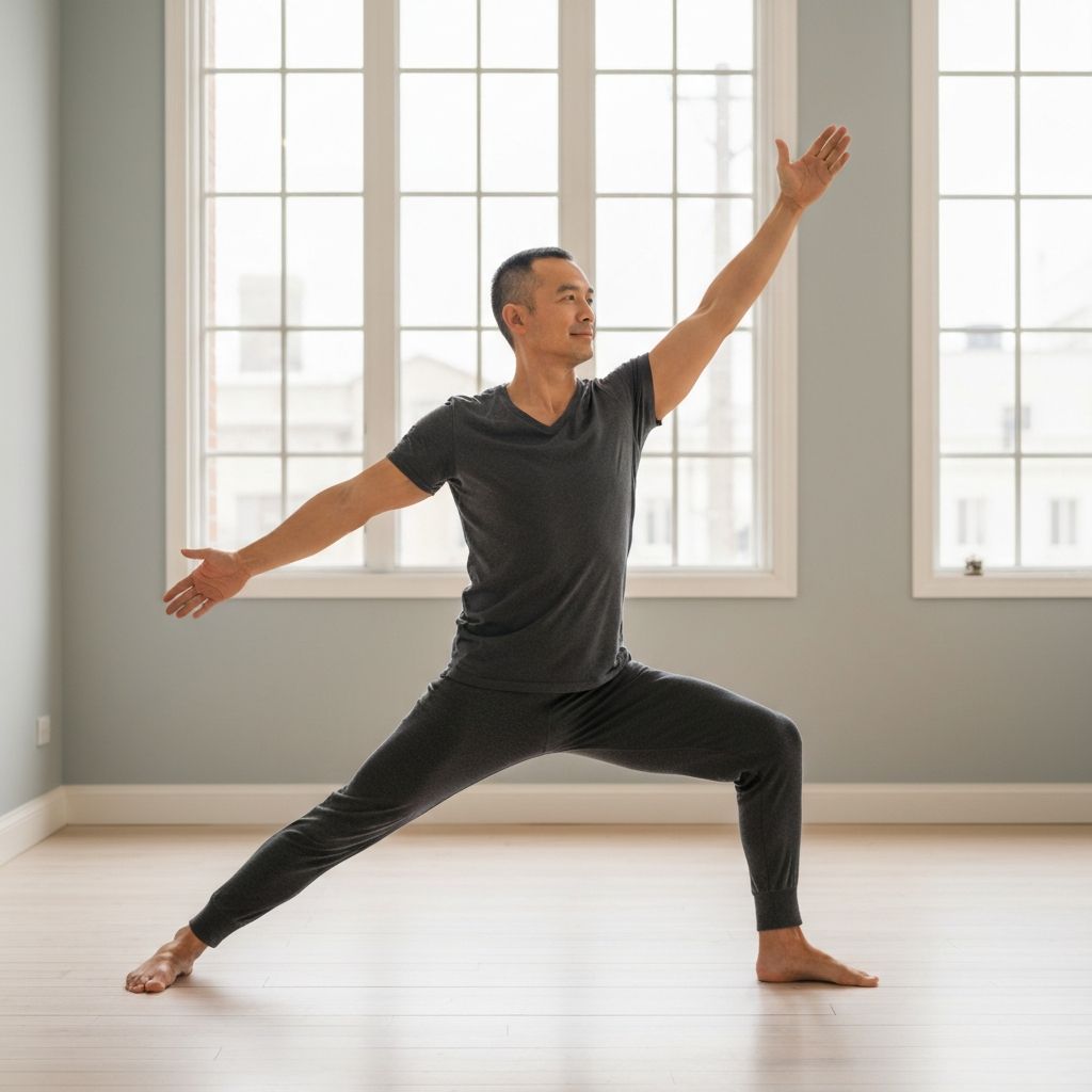 Man practicing yoga in serene indoor studio with natural light, peaceful warrior pose with calm focused expression